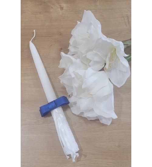 Krikšto balta žvakė su papuošimu - kaspinėliu 30 cm. Spalva balta / tamsiai mėlyna
